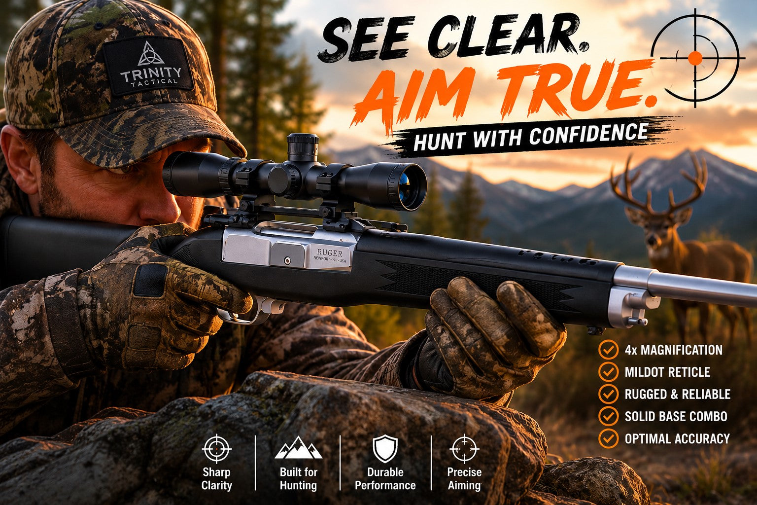 Trinity 4x32 Tactical Scope Mildot Reticle Combo Compatible with Ruger Mini 14 & Mini 30 – Picatinny Rail Mount Kit, Aluminum Matte Black