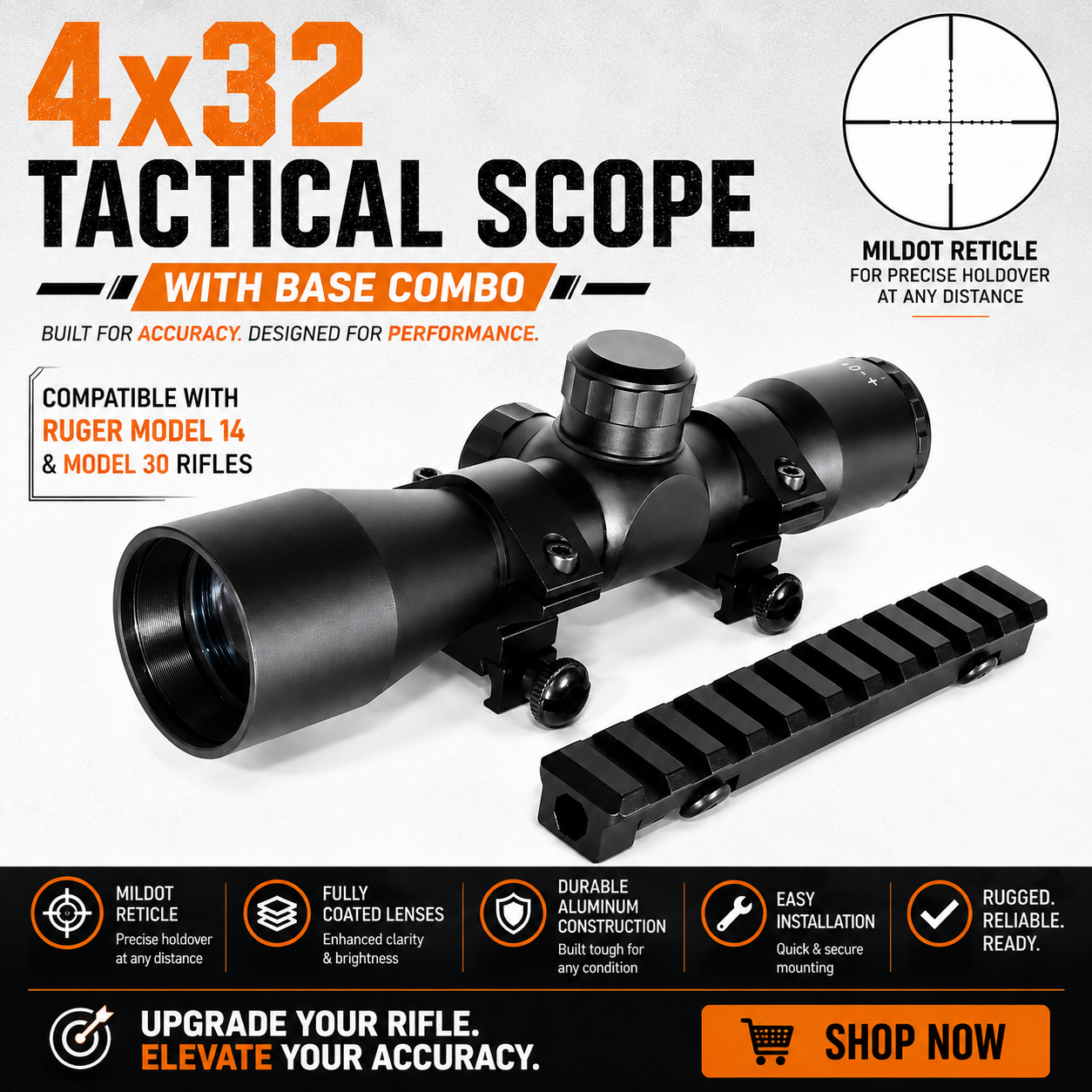 Trinity 4x32 Tactical Scope Mildot Reticle Combo Compatible with Ruger Mini 14 & Mini 30 – Picatinny Rail Mount Kit, Aluminum Matte Black