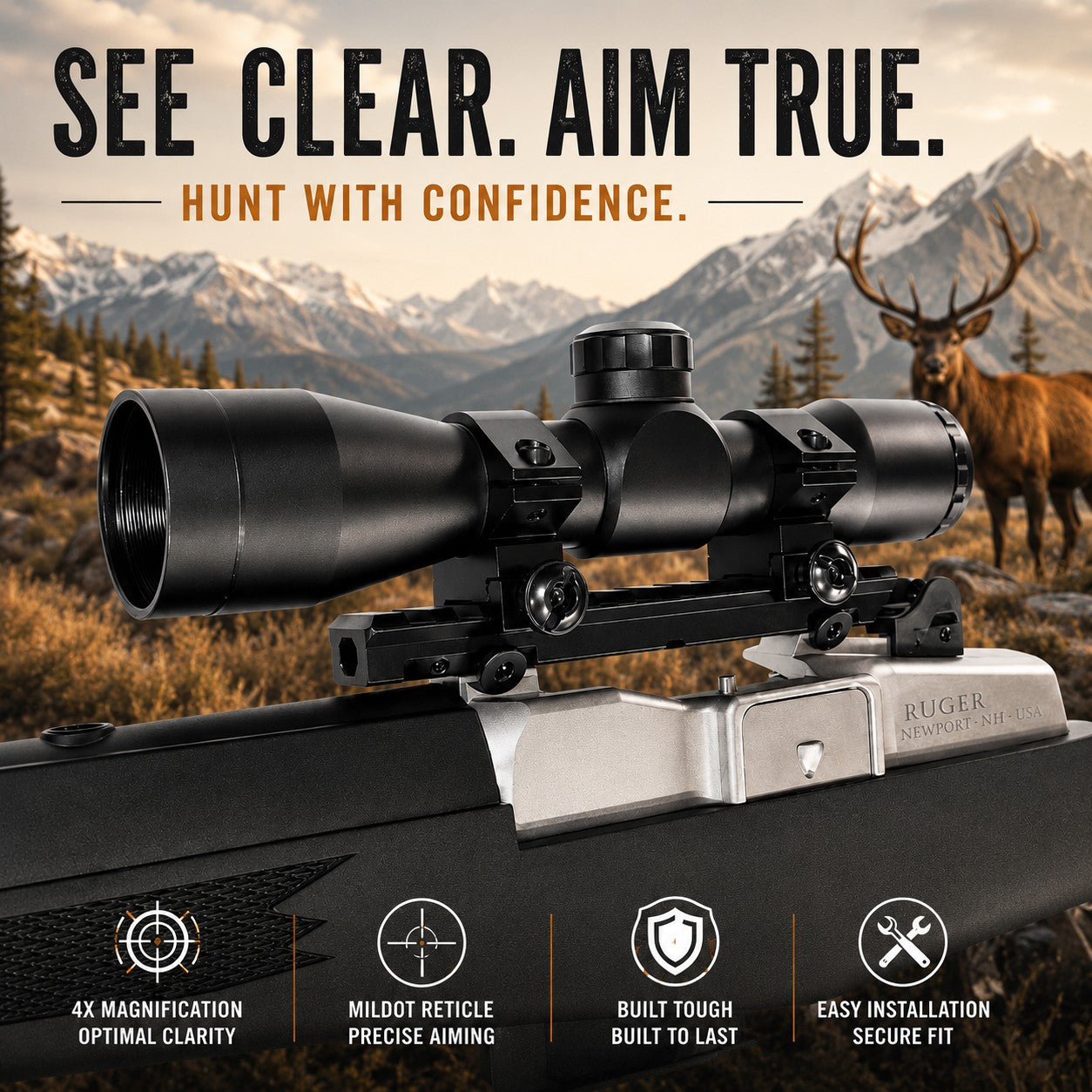 Trinity 4x32 Tactical Scope Mildot Reticle Combo Compatible with Ruger Mini 14 & Mini 30 – Picatinny Rail Mount Kit, Aluminum Matte Black