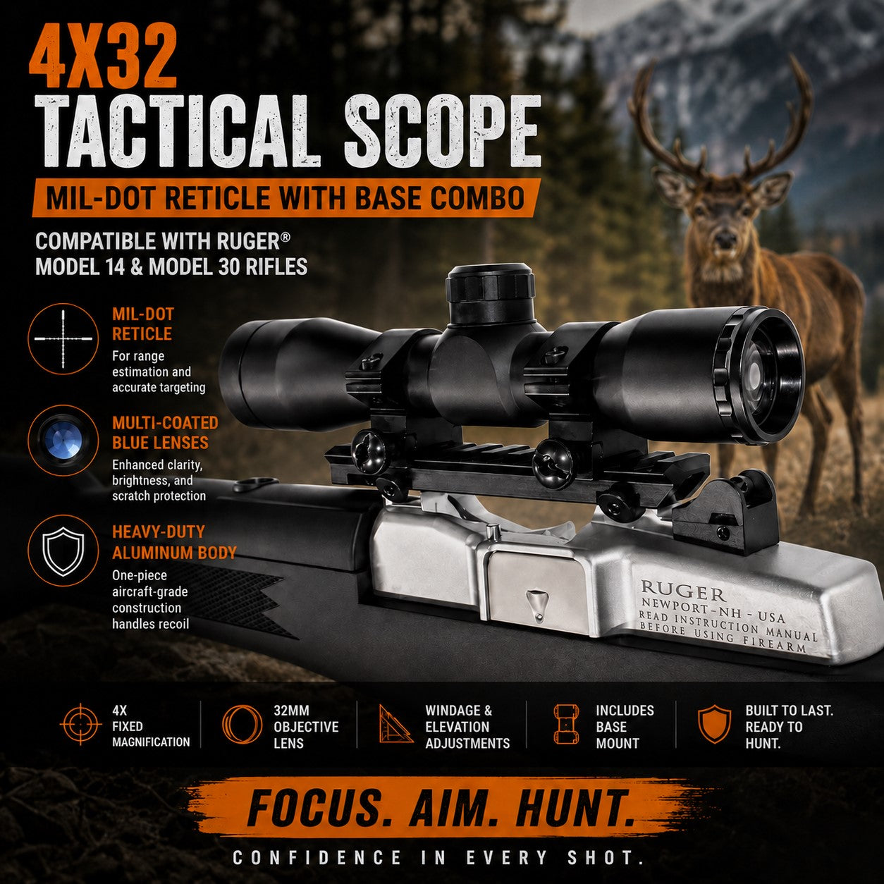 Trinity 4x32 Tactical Scope Mildot Reticle Combo Compatible with Ruger Mini 14 & Mini 30 – Picatinny Rail Mount Kit, Aluminum Matte Black