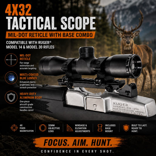 Trinity 4x32 Tactical Scope Mildot Reticle Combo Compatible with Ruger Mini 14 & Mini 30 – Picatinny Rail Mount Kit, Aluminum Matte Black