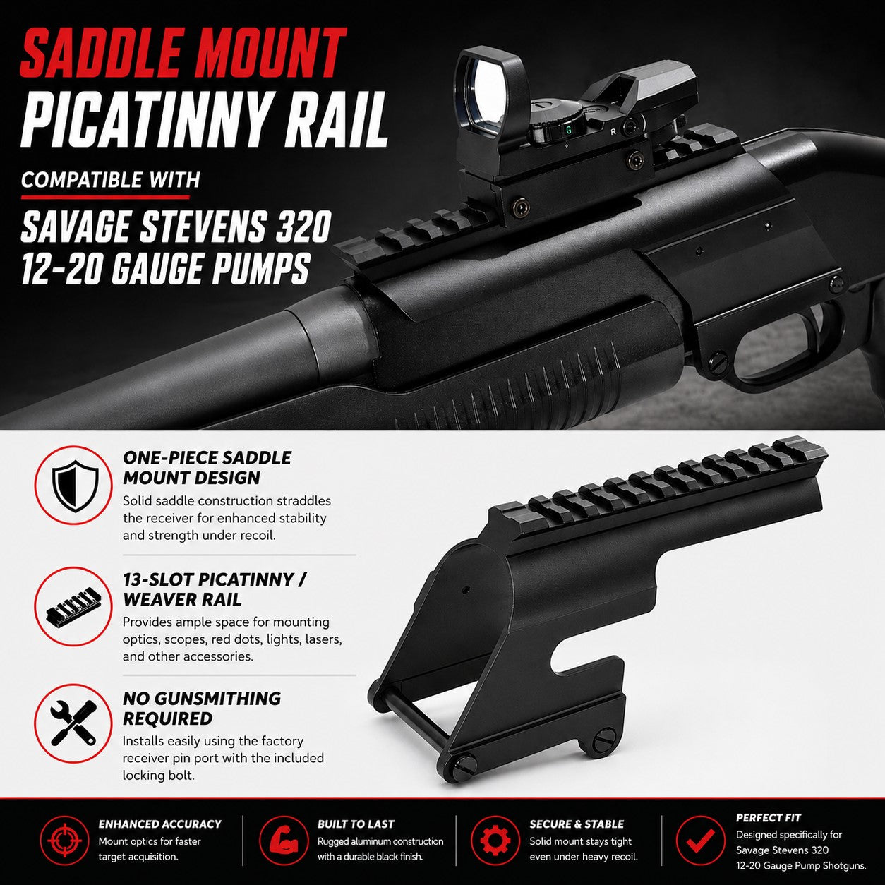TRINITY Saddle Mount Picatinny Rail Compatible With Savage Stevens 320 12 Gauge Pump Shotgun Aluminum Optics Mount