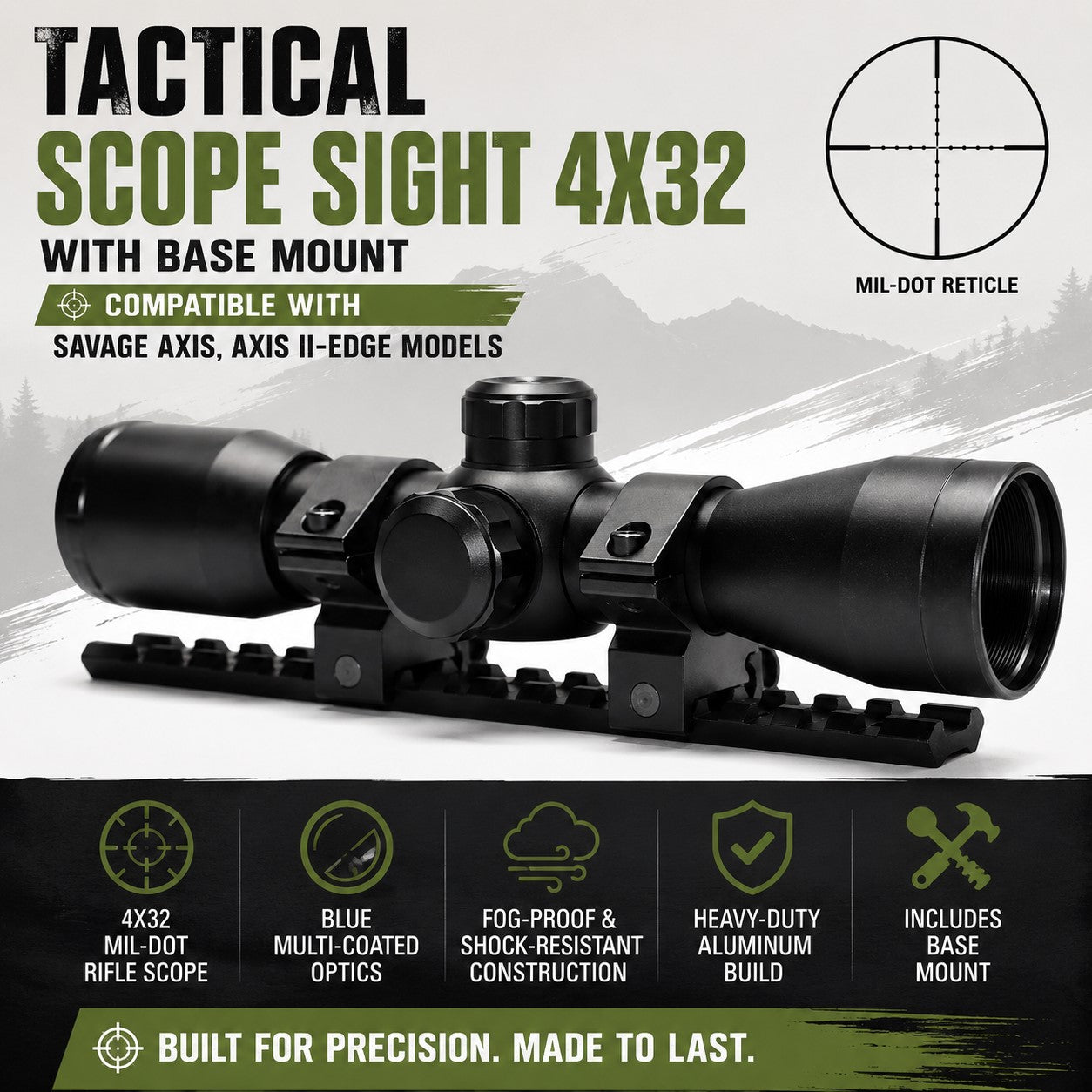 TRINITY 4x32 Mil-Dot Scope with Picatinny Rail Mount Compatible with Savage Arms Axis, Axis II & Edge Rifles