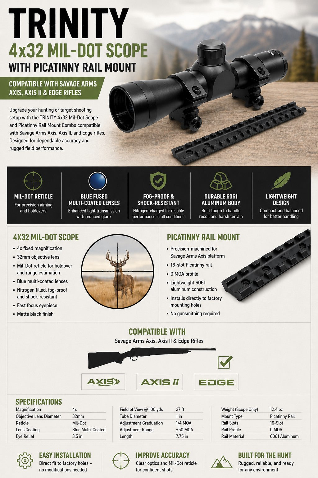 TRINITY 4x32 Mil-Dot Scope with Picatinny Rail Mount Compatible with Savage Arms Axis, Axis II & Edge Rifles