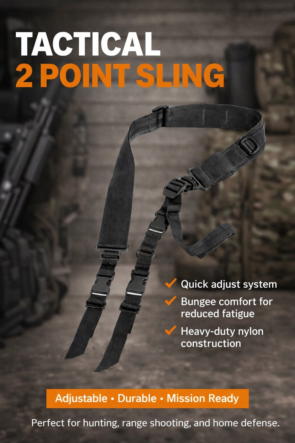 Tactical 2 Point Sling Compatible With Ruger 10/22 Adjustable Bungee Rifle Sling Hunting Range Home Defense Gear