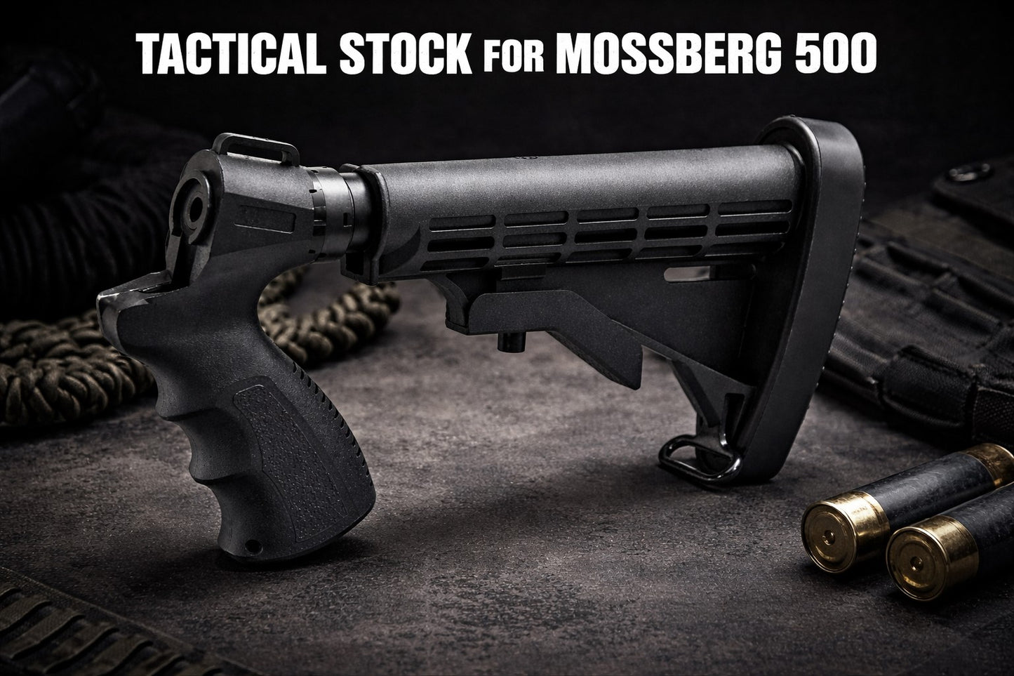 Collapsible Tactical Stock with Rubber Butt Pad – Compatible with Mossberg 500 20-Gauge