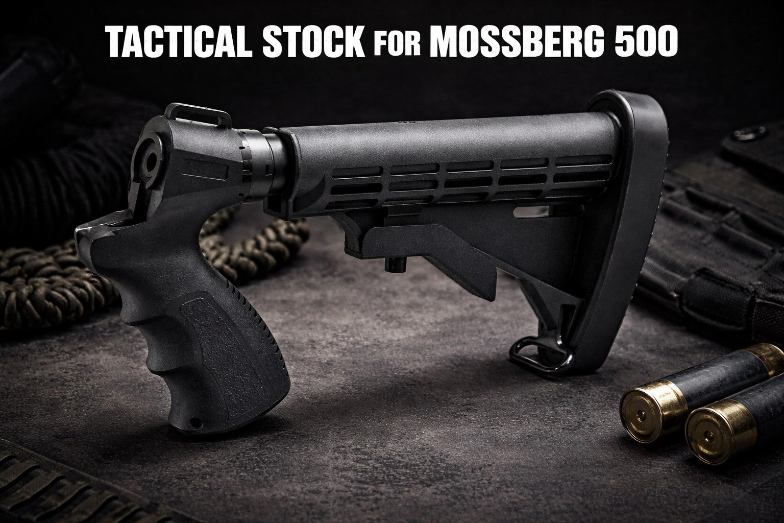 Collapsible Tactical Stock with Rubber Butt Pad – Compatible with Mossberg 500 20-Gauge