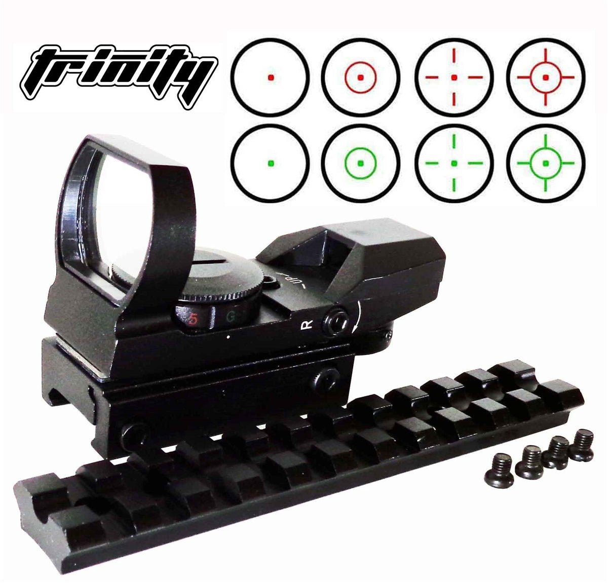 Tactical Reflex Sight With 4 Reticles With Base Mount Compatible With Ruger 10/22 Model Rifle. - TRINITY SUPPLY INC