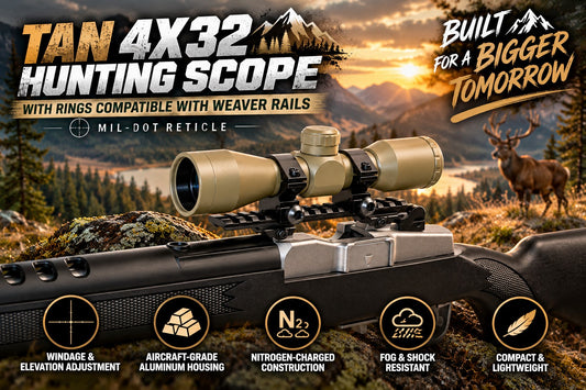 TAN 4X32 Hunting Scope with Mil-Dot Reticle, shown mounted on a rifle in a scenic outdoor forest setting at sunset. The scope has a tan/gold body with black accents.