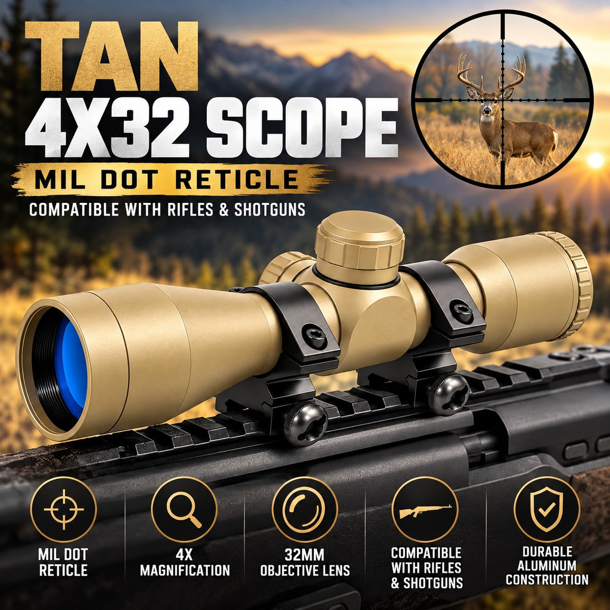 TRINITY Tan 4x32 Mil-Dot Scope with Rings for Weaver Rails Hunting Optic 32mm