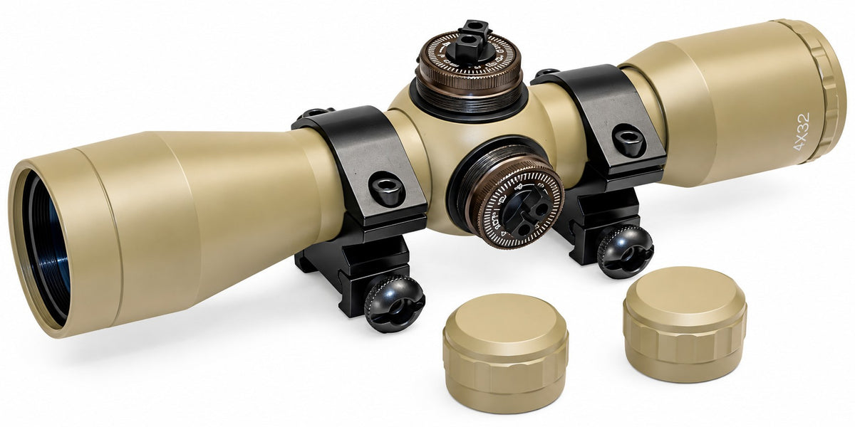 TRINITY Tan 4x32 Mil-Dot Scope with Rings for Weaver Rails Hunting Optic 32mm
