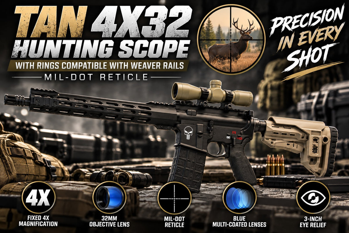 TRINITY Tan 4x32 Mil-Dot Scope with Rings for Weaver Rails Hunting Optic 32mm