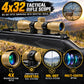 TRINITY tan 4x32 Mil-Dot scope mounted on dovetail rails with hunting mountain background, highlighting 4X magnification, Mil-Dot reticle, multi-coated optics, and dovetail compatibility.