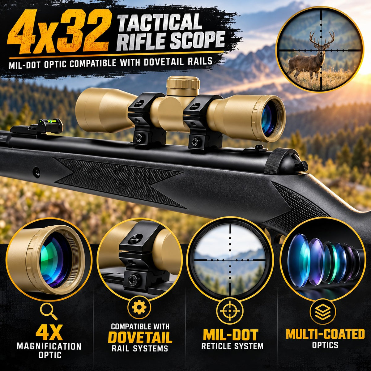 TRINITY tan 4x32 Mil-Dot scope mounted on dovetail rails with hunting mountain background, highlighting 4X magnification, Mil-Dot reticle, multi-coated optics, and dovetail compatibility.