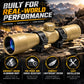 TRINITY tan 4x32 Mil-Dot scope mounted on dovetail rails with hunting mountain background, highlighting 4X magnification, Mil-Dot reticle, multi-coated optics, and dovetail compatibility.