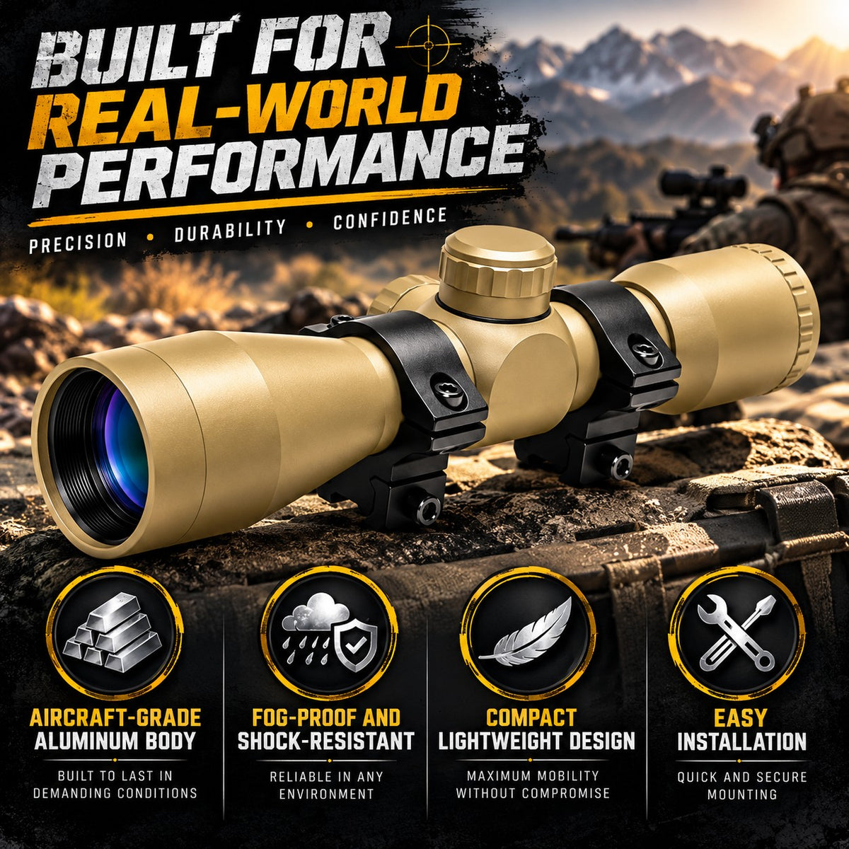 TRINITY tan 4x32 Mil-Dot scope mounted on dovetail rails with hunting mountain background, highlighting 4X magnification, Mil-Dot reticle, multi-coated optics, and dovetail compatibility.