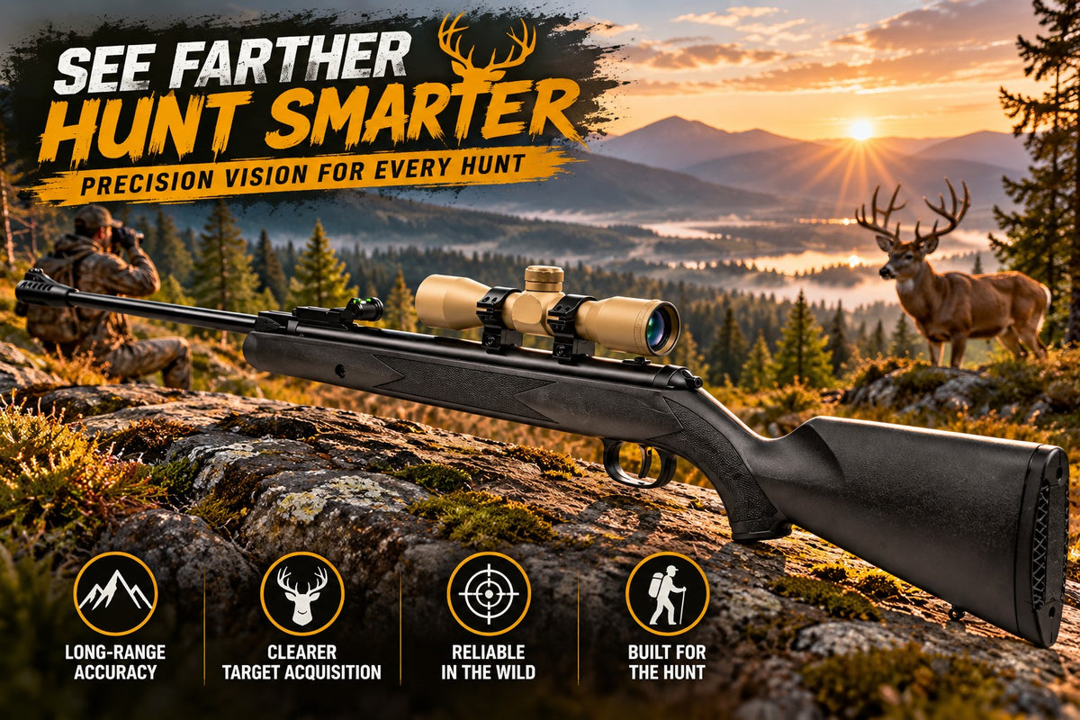 TRINITY tan 4x32 Mil-Dot scope mounted on dovetail rails with hunting mountain background, highlighting 4X magnification, Mil-Dot reticle, multi-coated optics, and dovetail compatibility.