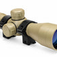 TRINITY 4x32 Mil-Dot scope in tan with blue multi-coated objective lens, aluminum housing, adjustment turrets, and black dovetail mounting rings on a white background.