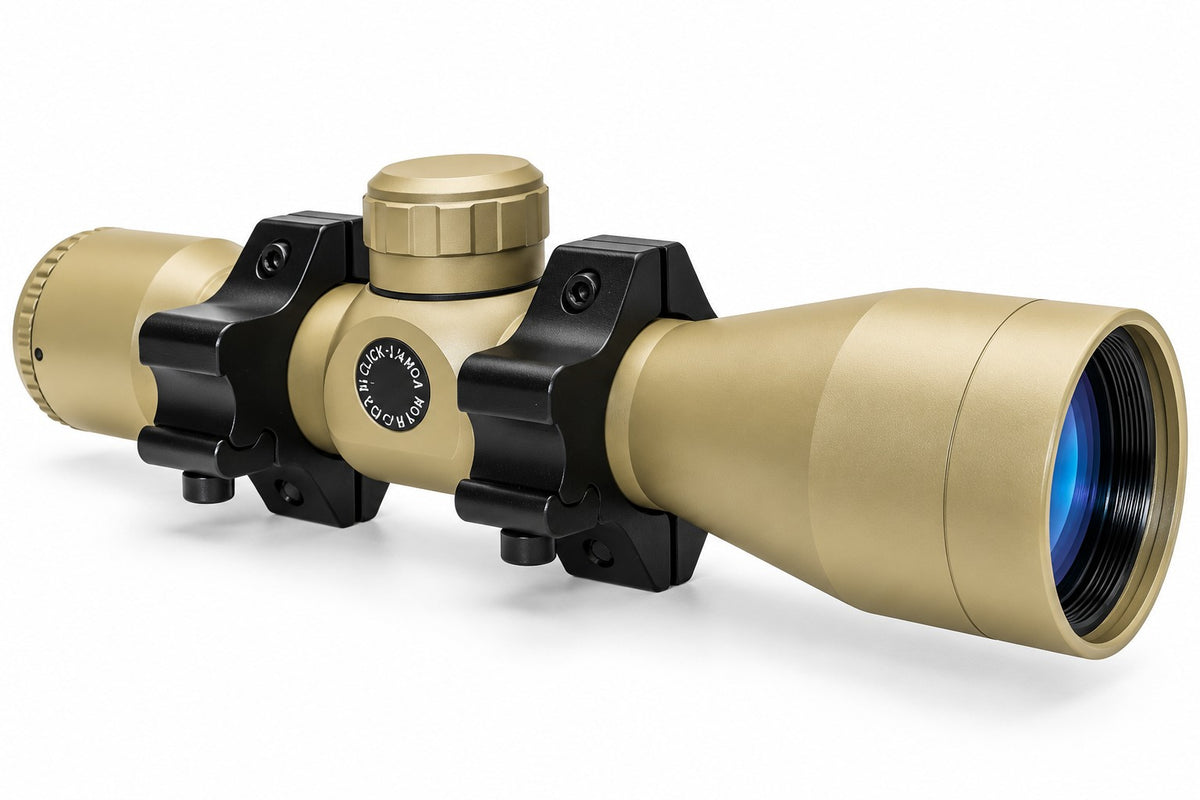 TRINITY 4x32 Mil-Dot scope in tan with blue multi-coated objective lens, aluminum housing, adjustment turrets, and black dovetail mounting rings on a white background.