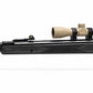 TRINITY 4x32 Mil-Dot scope in tan with blue multi-coated objective lens, aluminum housing, adjustment turrets, and black dovetail mounting rings on a white background.