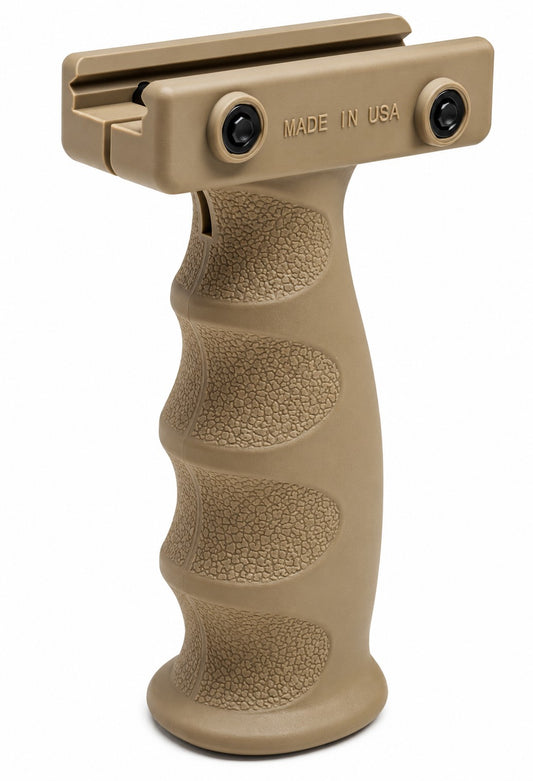 A tan tactical pistol grip handle with a textured grip and a top mounting plate featuring 'MADE IN USA' text, shown on a white background.
