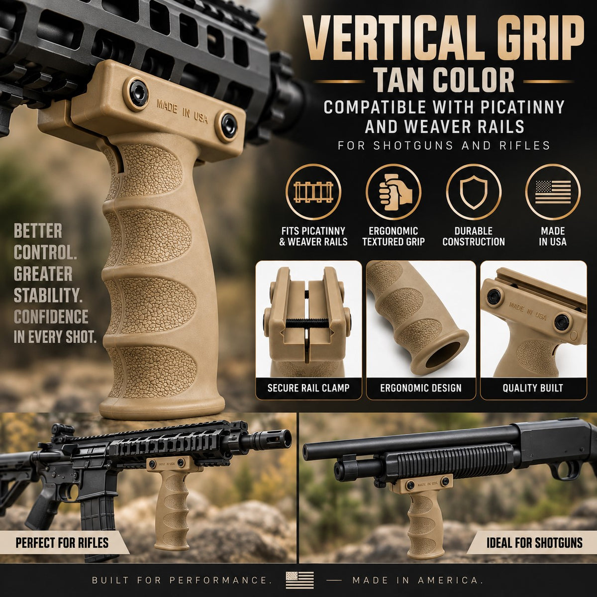 A tan textured vertical grip handle shown mounted on rifles, with marketing text reading 'Vertical Grip Tan Color' and feature icons for compatibility, ergonomic design, durability, and made-in-USA quality.