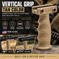 A tan vertical pistol grip handle with textured grip panels and a top mounting plate, shown on a dark promotional background with text reading 'Vertical Grip Tan Color' and inset photos demonstrating use with rifles and shotguns.