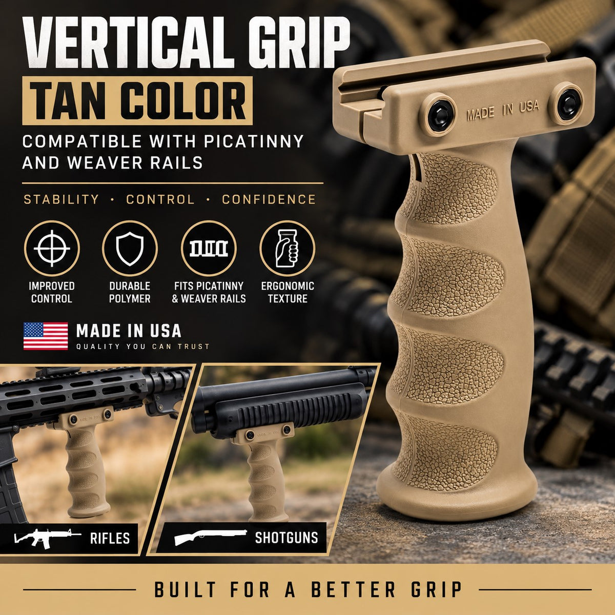 A tan vertical pistol grip handle with textured grip panels and a top mounting plate, shown on a dark promotional background with text reading 'Vertical Grip Tan Color' and inset photos demonstrating use with rifles and shotguns.