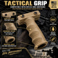 Tactical grip accessory for rifles and shotguns, shown in a tan color with feature callout boxes and marketing text on a dark tactical background.