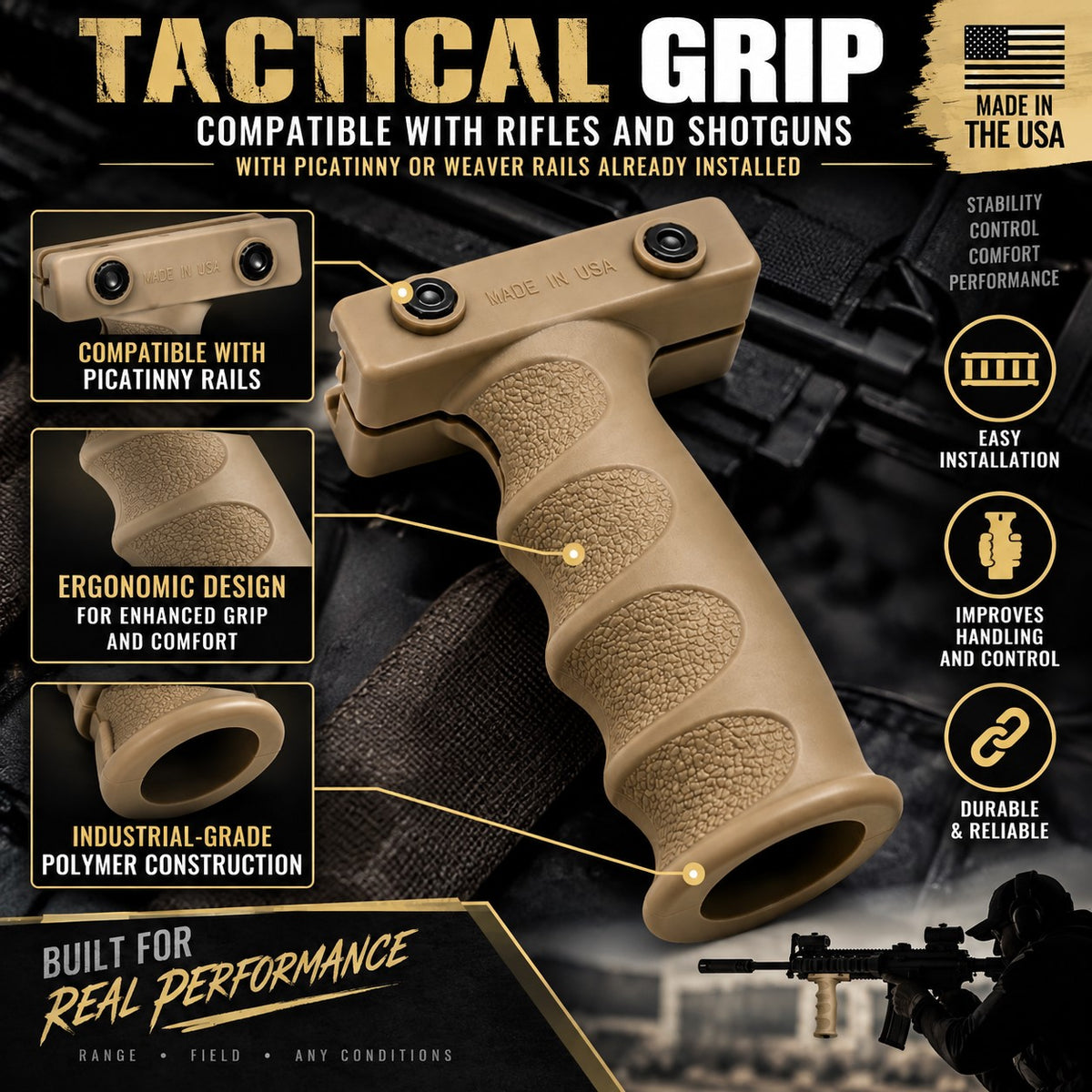 Tactical grip accessory for rifles and shotguns, shown in a tan color with feature callout boxes and marketing text on a dark tactical background.