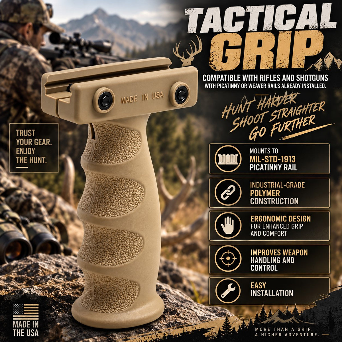 Tactical grip handle in tan polymer shown prominently in front of a mountain hunting scene, with large text reading 'TACTICAL GRIP' and feature callouts on the right.