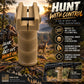 A tan tactical firearm grip handle shown prominently on a forest trail background, with marketing text and feature callouts about mounting, construction, ergonomic design, and compatibility with Picatinny and Weaver rails.