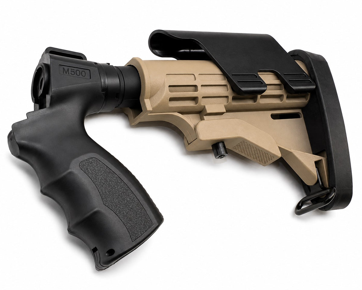 Tan and black mossberg 500 stock  on a white background