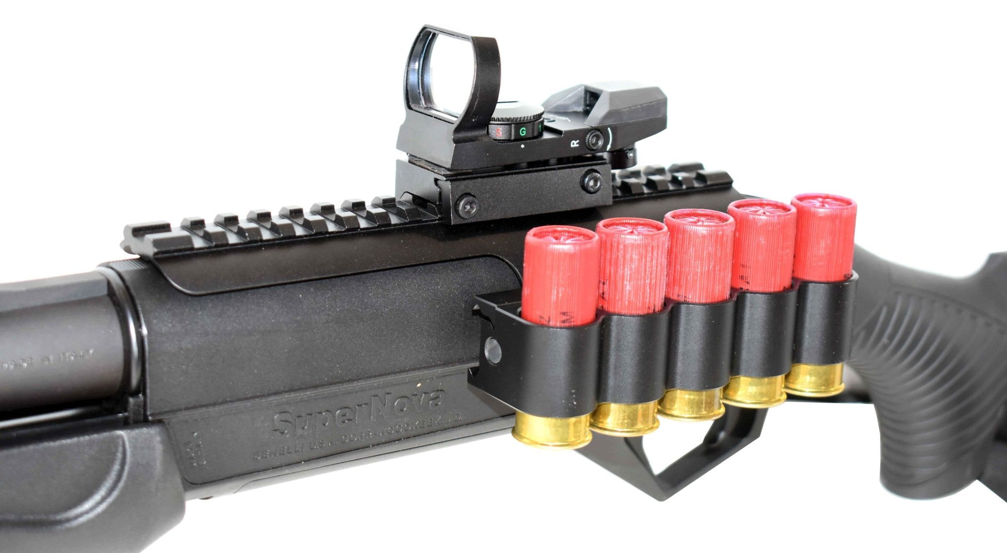 Trinity aluminum saddle mount reflex sight and shell holder combo for