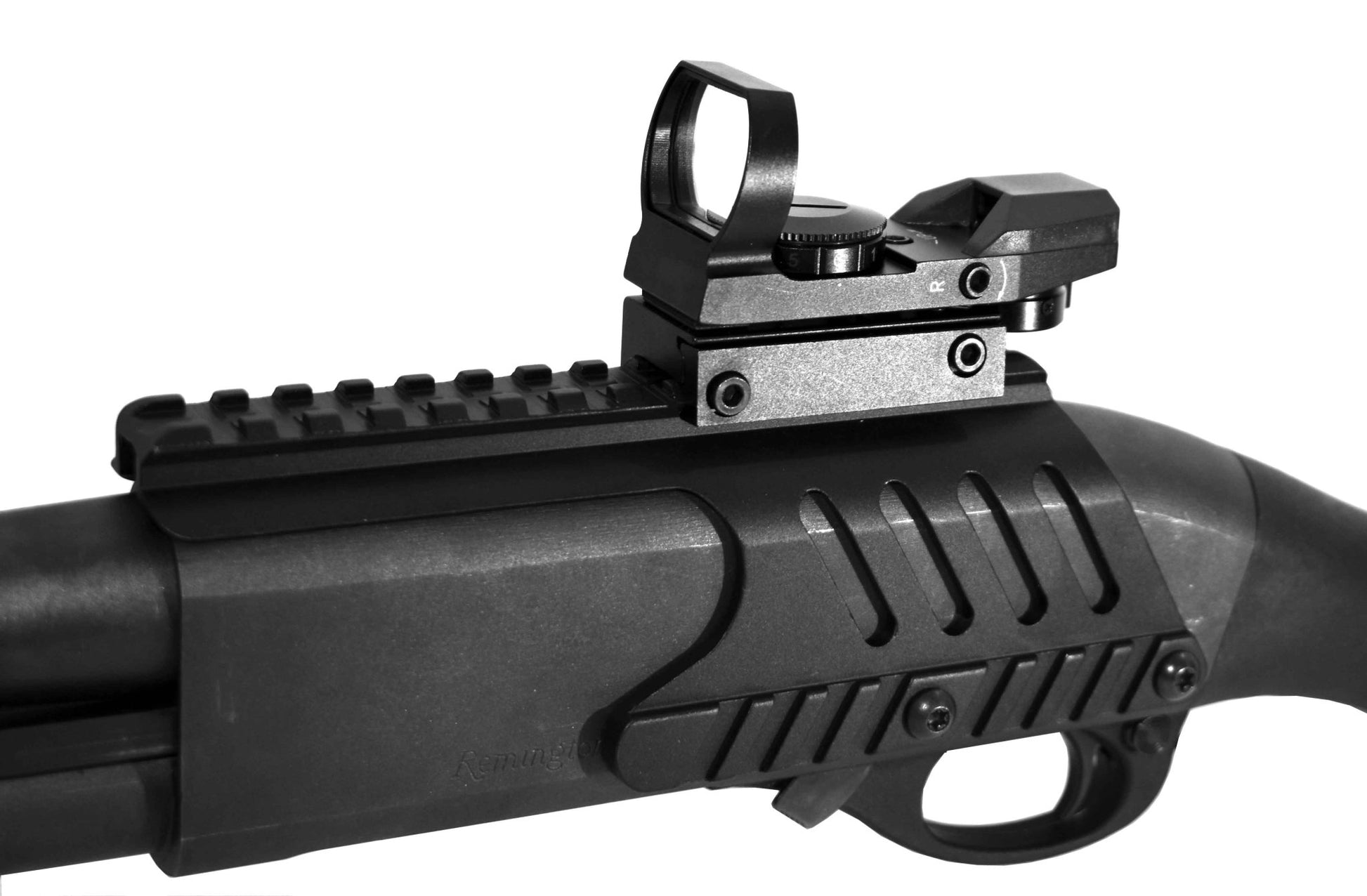 Trinity Reflex Sight Red Green Reticles With Saddle Mount Picatinny Rail Adapter Compatible With Remington 870 12 Gauge Pump. - TRINITY SUPPLY INC